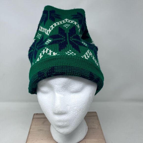 Hand Knit Green White Blue Fair Isle Hat OS Unisex - Picture 1 of 10